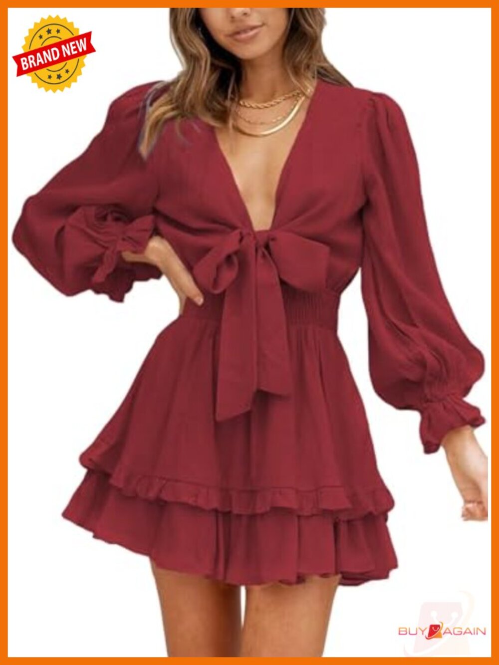 Womens Deep V Neck Knotted Tiered Chiffon Mini Swing Skater Dress